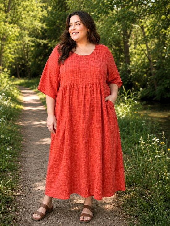 Dresses & Skirts - Loose-fitting orange boho-style viscose dress with pockets, size 3XL